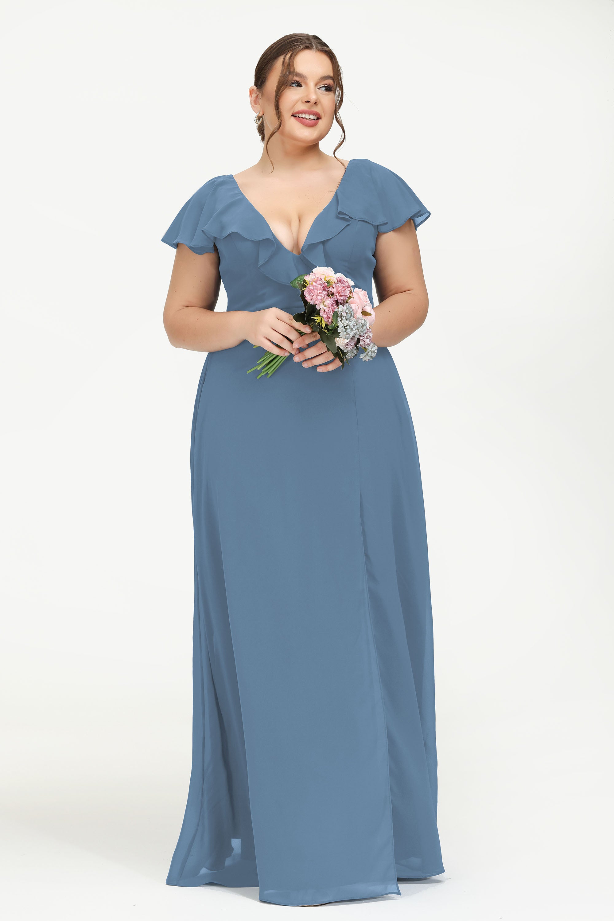 Deep V Neck Chiffon Bridesmaid Dress Flutter Sleeves Formal Evening Dresses Gowns with Slit