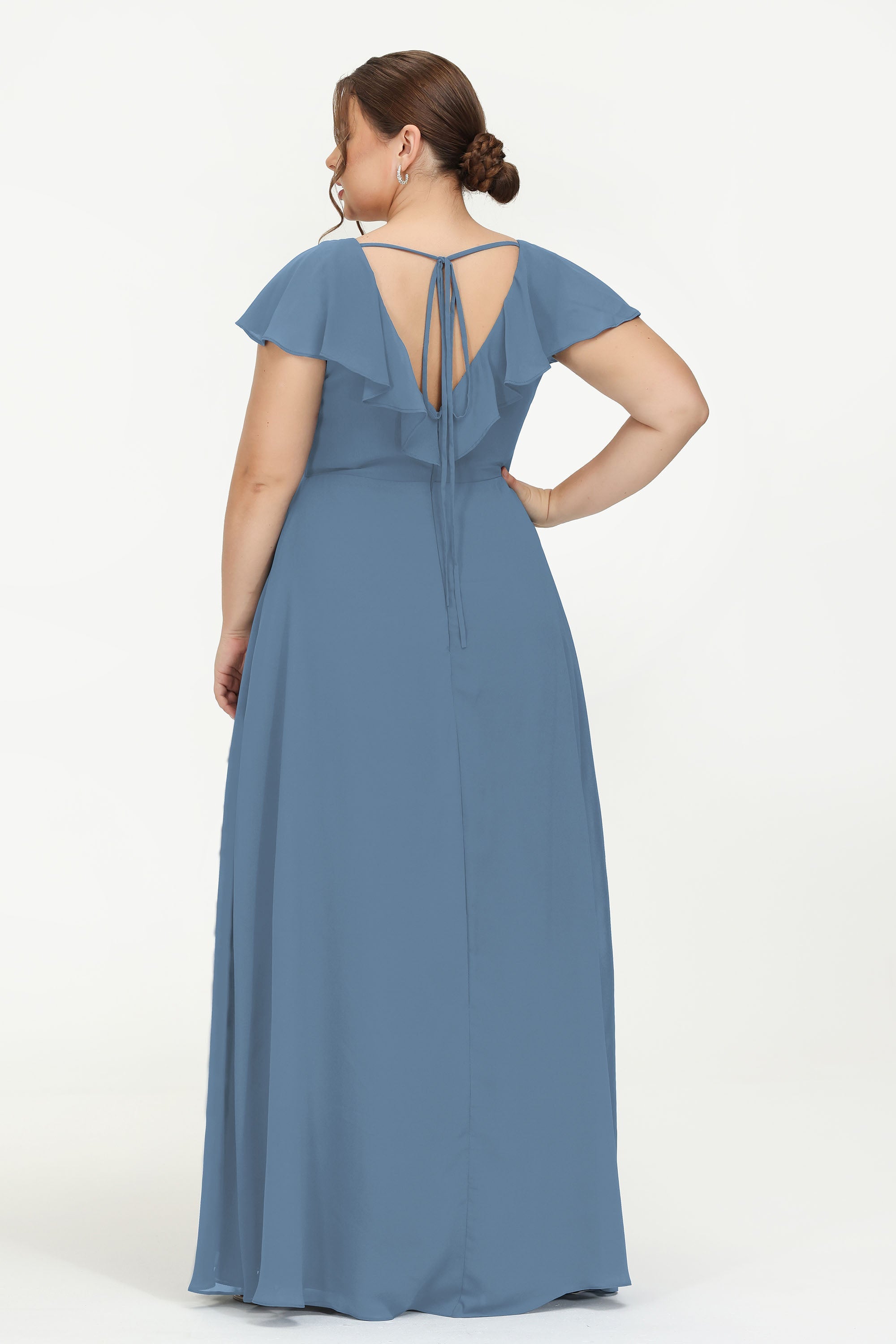 Deep V Neck Chiffon Bridesmaid Dress Flutter Sleeves Formal Evening Dresses Gowns with Slit