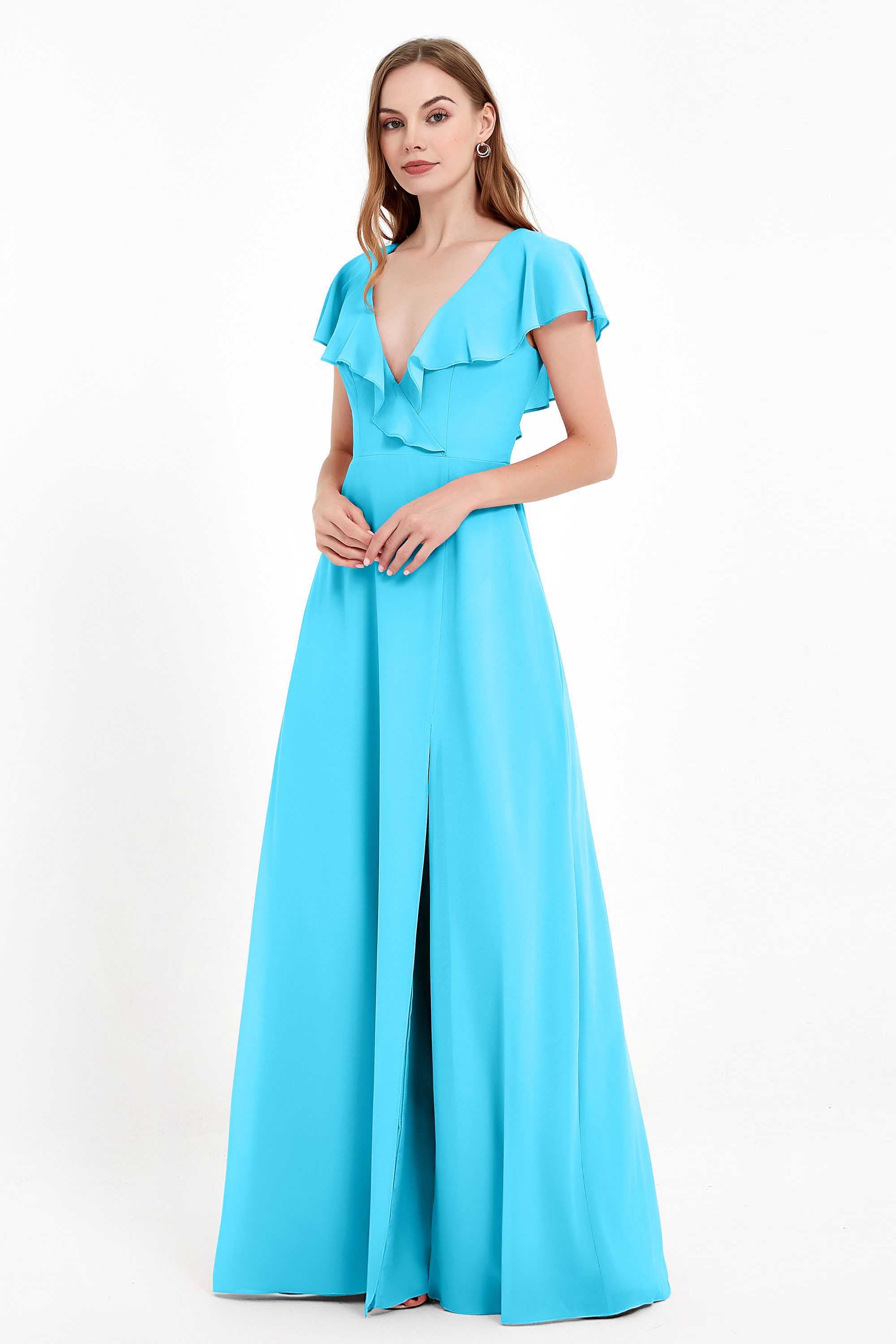 Deep V Neck Chiffon Bridesmaid Dress Flutter Sleeves Formal Evening Dresses Gowns with Slit