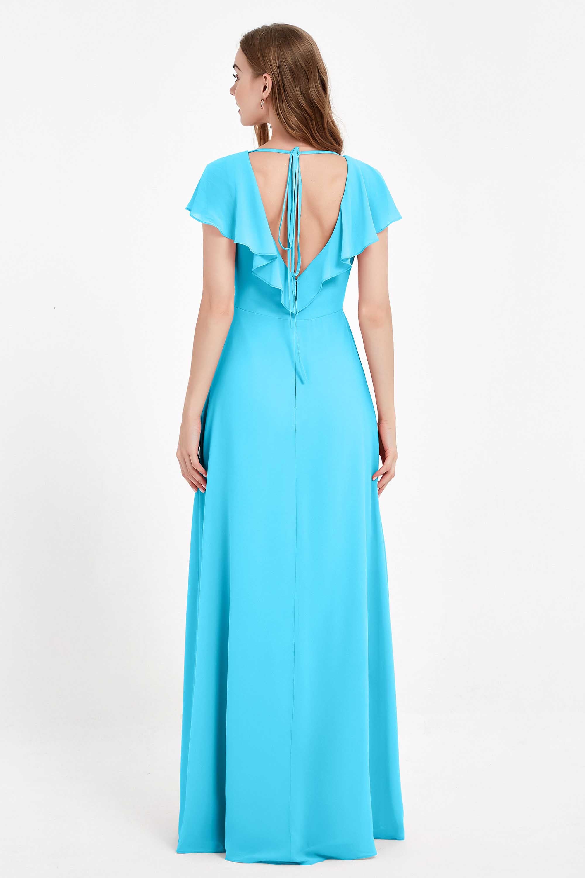 Deep V Neck Chiffon Bridesmaid Dress Flutter Sleeves Formal Evening Dresses Gowns with Slit