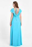 Deep V Neck Chiffon Bridesmaid Dress Flutter Sleeves Formal Evening Dresses Gowns with Slit