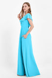 Deep V Neck Chiffon Bridesmaid Dress Flutter Sleeves Formal Evening Dresses Gowns with Slit