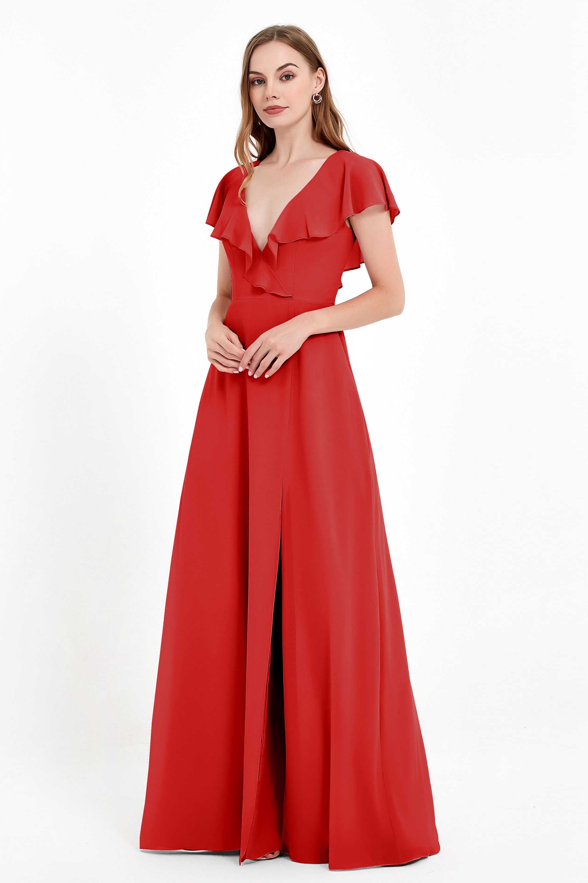 Deep V Neck Chiffon Bridesmaid Dress Flutter Sleeves Formal Evening Dresses Gowns with Slit