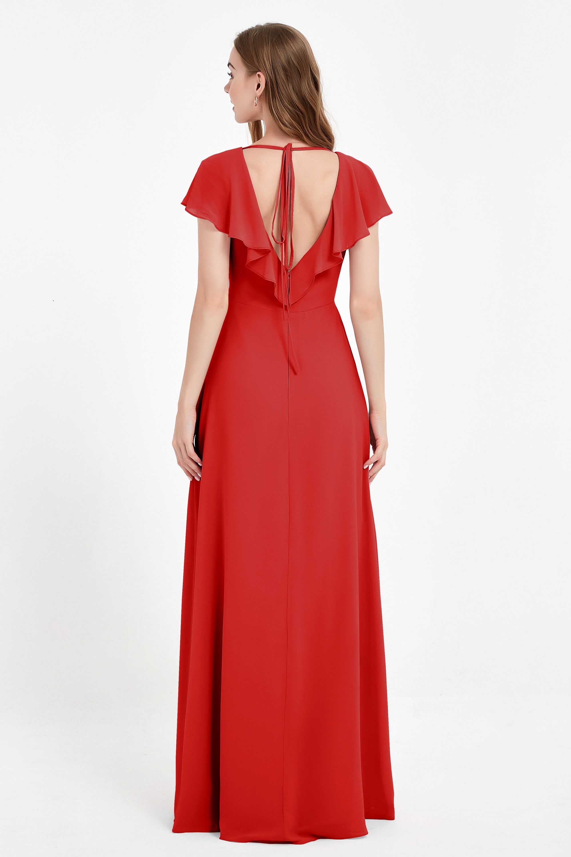 Deep V Neck Chiffon Bridesmaid Dress Flutter Sleeves Formal Evening Dresses Gowns with Slit