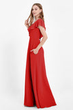 Deep V Neck Chiffon Bridesmaid Dress Flutter Sleeves Formal Evening Dresses Gowns with Slit