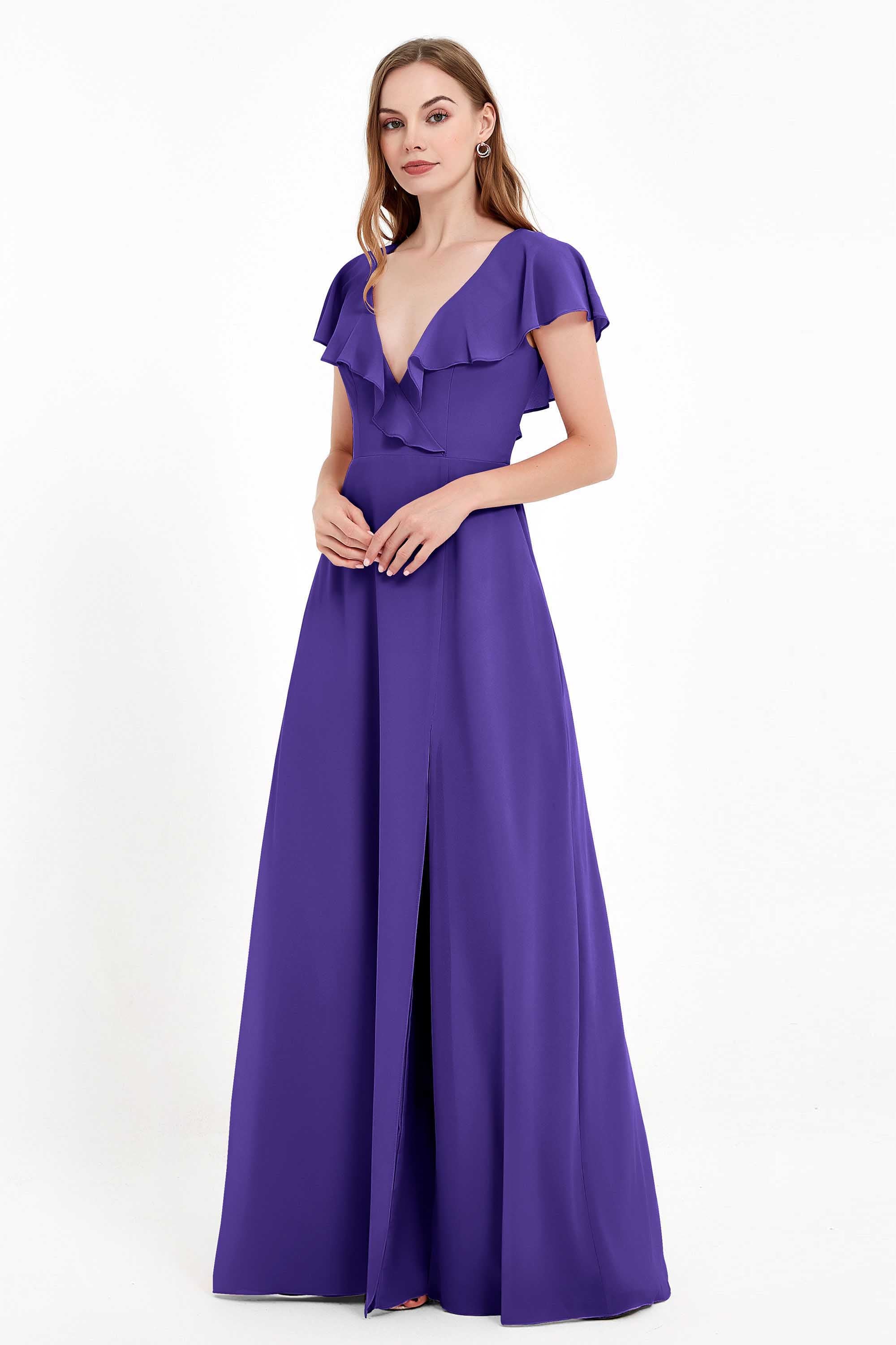Deep V Neck Chiffon Bridesmaid Dress Flutter Sleeves Formal Evening Dresses Gowns with Slit