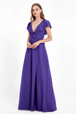 Deep V Neck Chiffon Bridesmaid Dress Flutter Sleeves Formal Evening Dresses Gowns with Slit