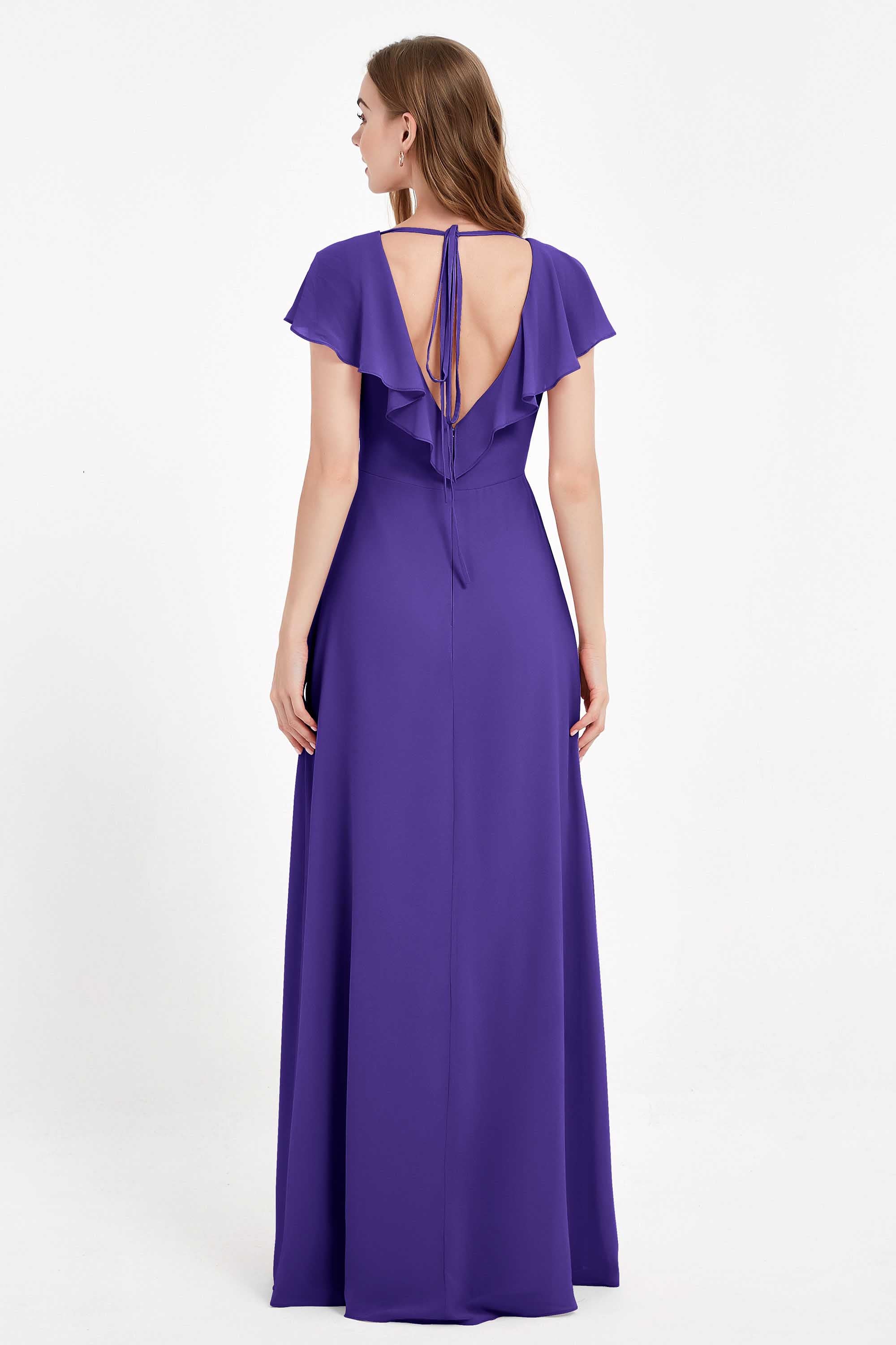 Deep V Neck Chiffon Bridesmaid Dress Flutter Sleeves Formal Evening Dresses Gowns with Slit
