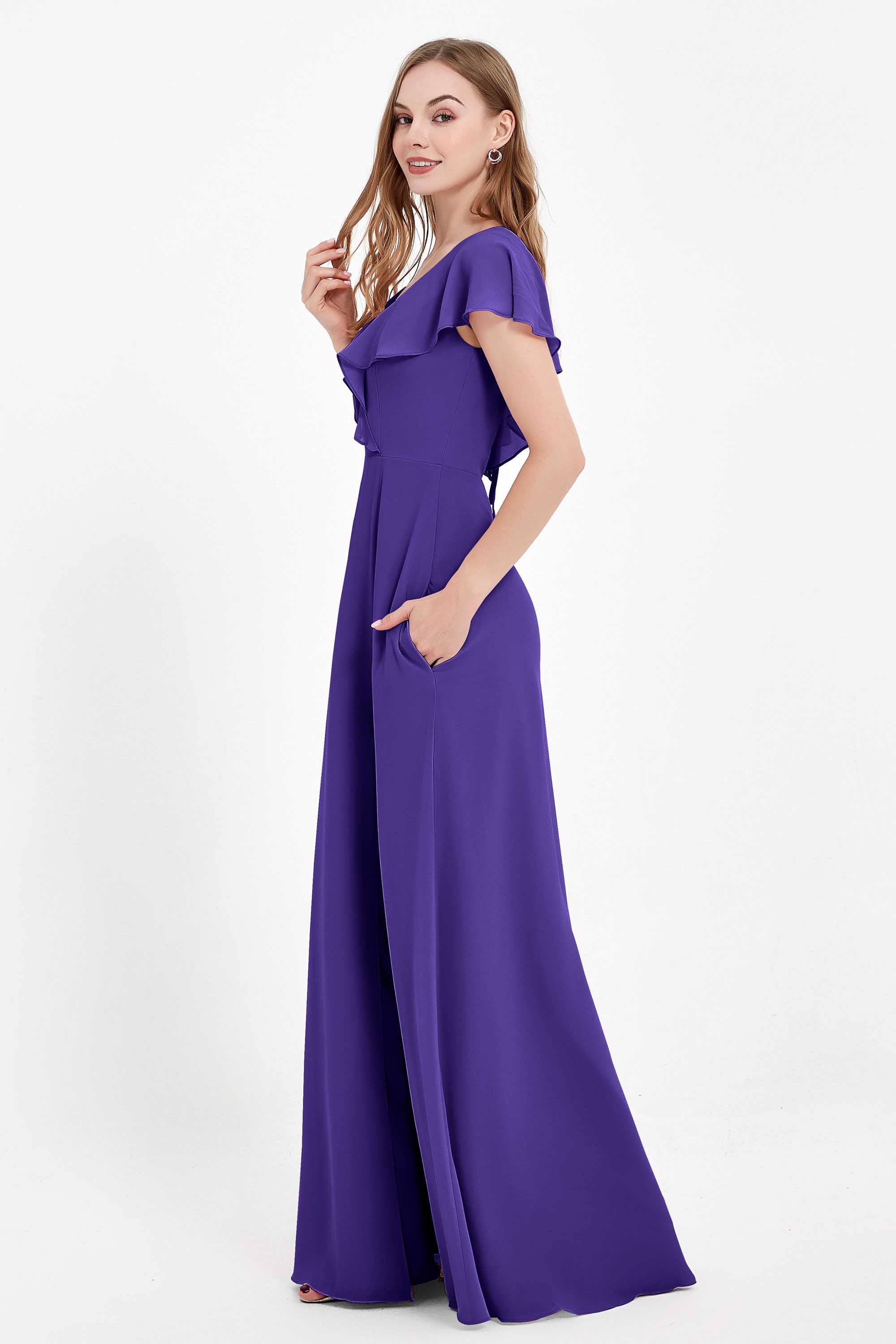 Deep V Neck Chiffon Bridesmaid Dress Flutter Sleeves Formal Evening Dresses Gowns with Slit