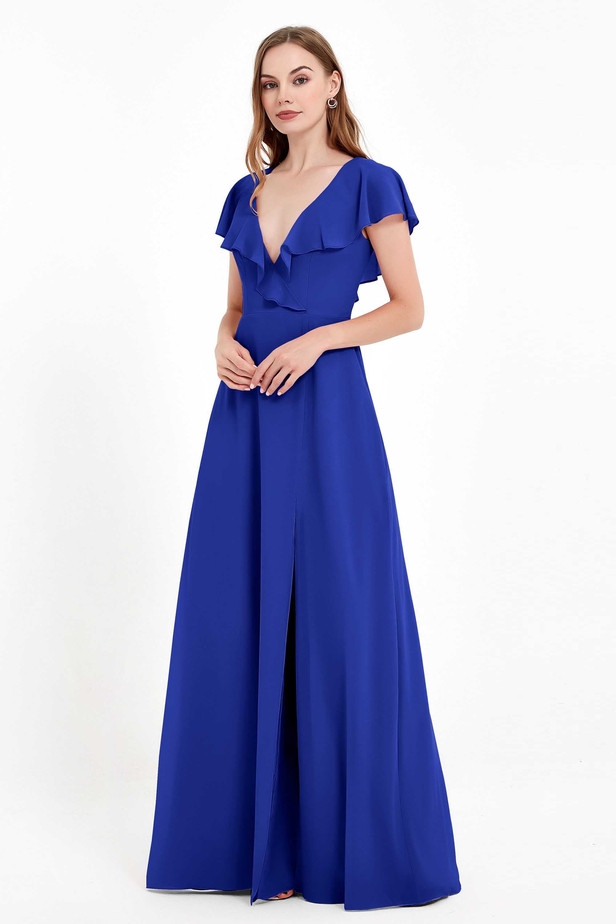 Deep V Neck Chiffon Bridesmaid Dress Flutter Sleeves Formal Evening Dresses Gowns with Slit