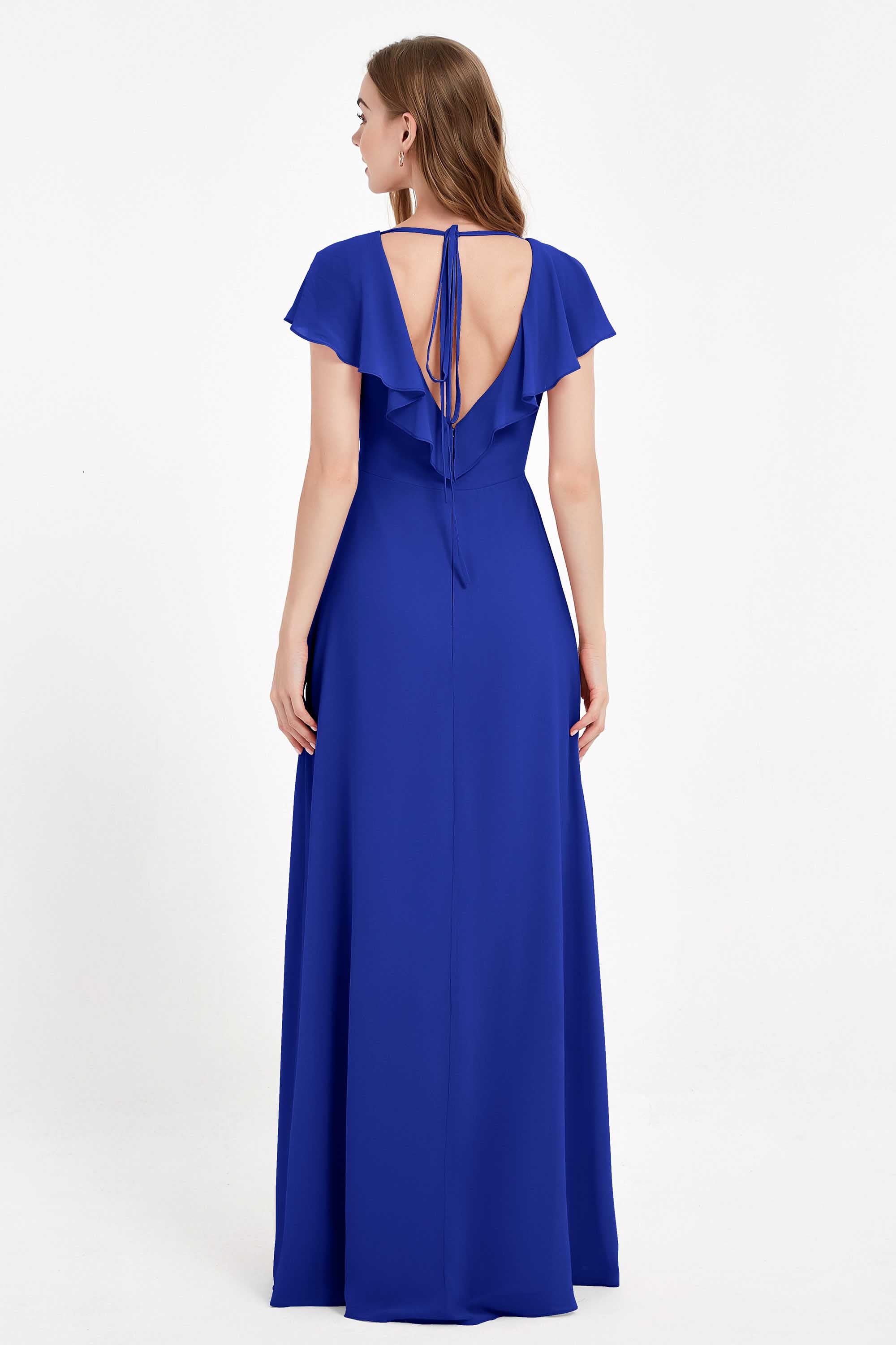 Deep V Neck Chiffon Bridesmaid Dress Flutter Sleeves Formal Evening Dresses Gowns with Slit