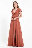 Deep V Neck Chiffon Bridesmaid Dress Flutter Sleeves Formal Evening Dresses Gowns with Slit