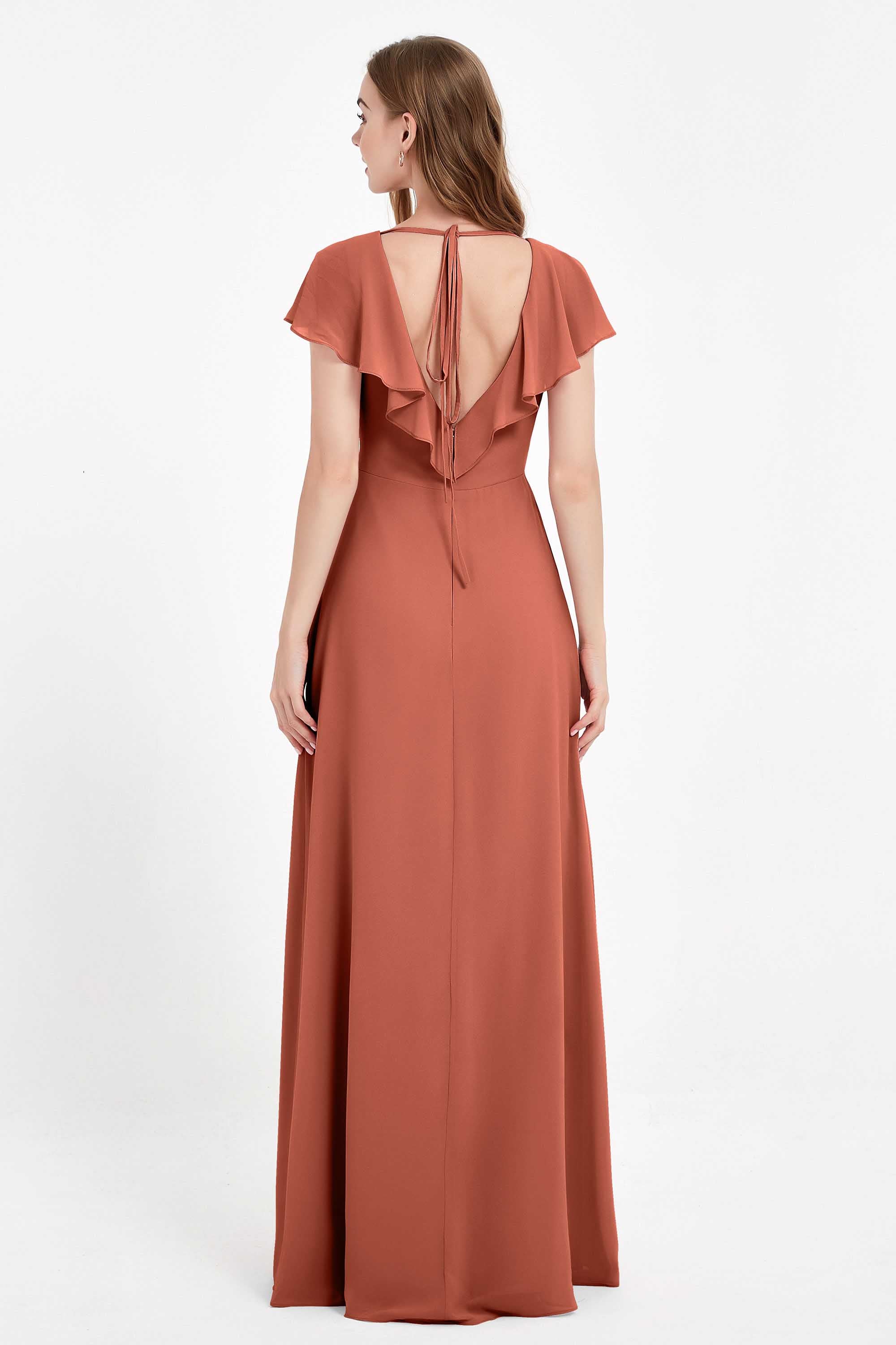 Deep V Neck Chiffon Bridesmaid Dress Flutter Sleeves Formal Evening Dresses Gowns with Slit