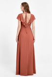 Deep V Neck Chiffon Bridesmaid Dress Flutter Sleeves Formal Evening Dresses Gowns with Slit