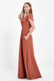 Deep V Neck Chiffon Bridesmaid Dress Flutter Sleeves Formal Evening Dresses Gowns with Slit