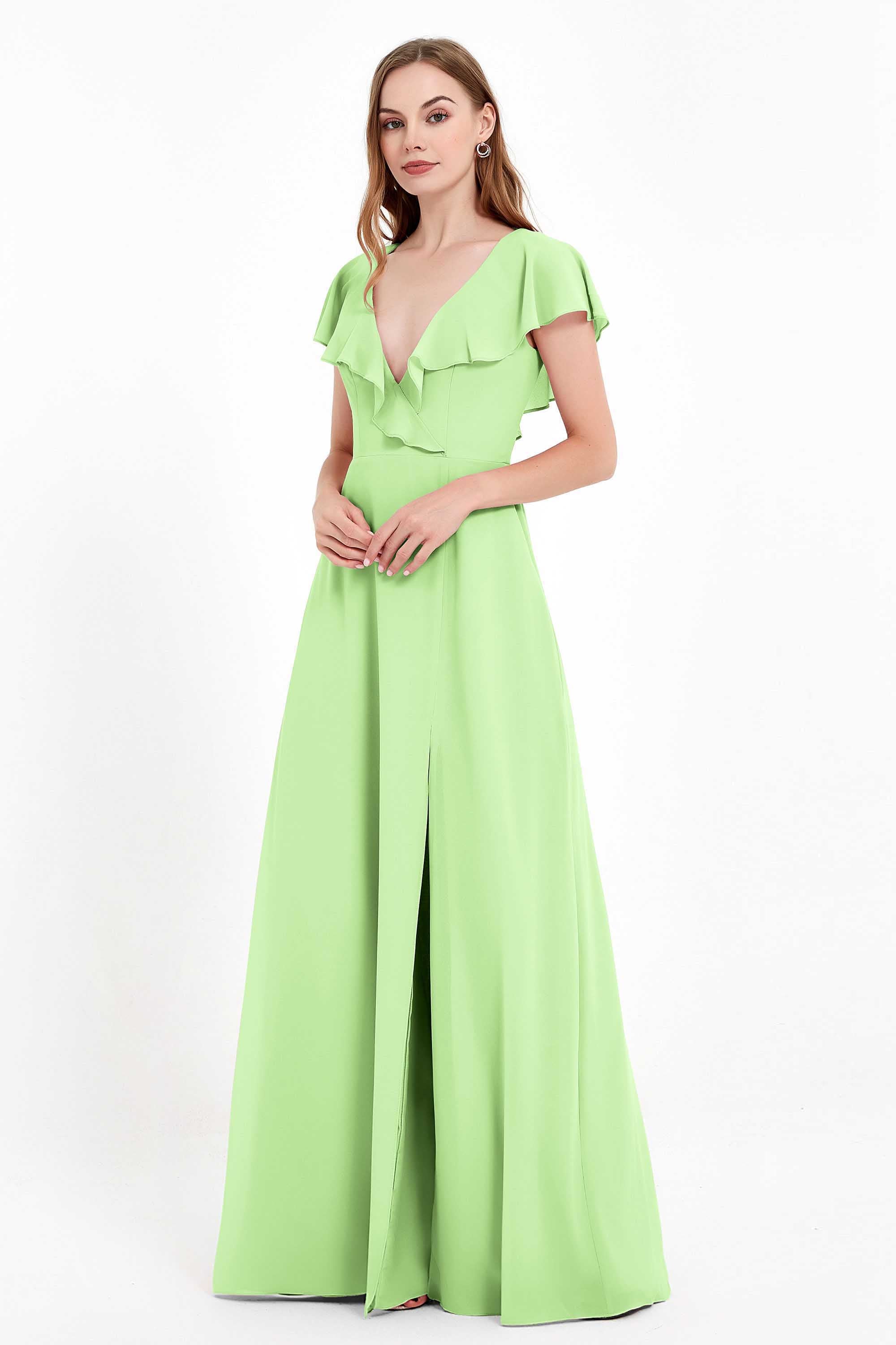 Deep V Neck Chiffon Bridesmaid Dress Flutter Sleeves Formal Evening Dresses Gowns with Slit