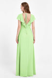 Deep V Neck Chiffon Bridesmaid Dress Flutter Sleeves Formal Evening Dresses Gowns with Slit