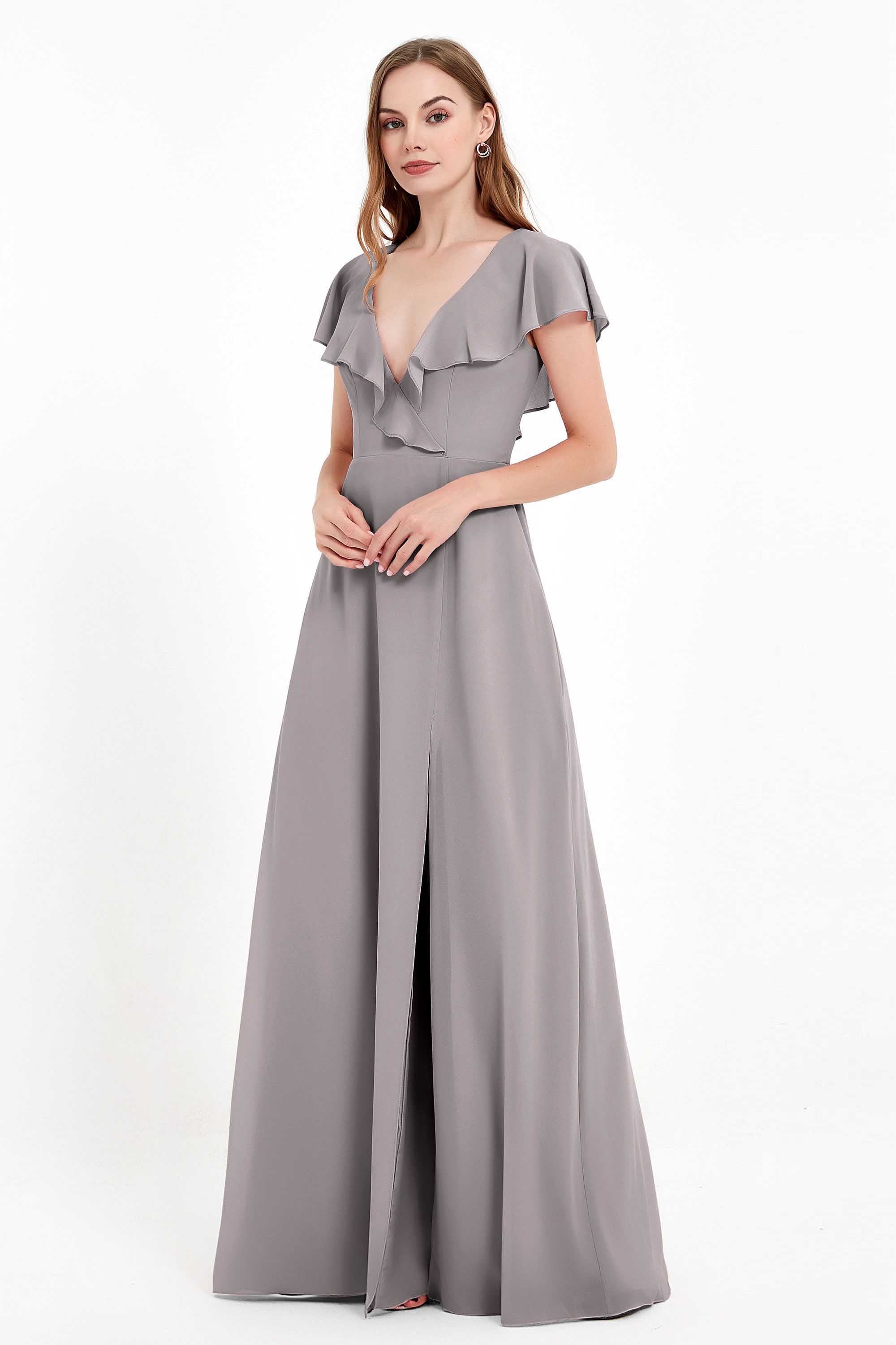 Deep V Neck Chiffon Bridesmaid Dress Flutter Sleeves Formal Evening Dresses Gowns with Slit