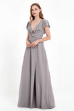 Deep V Neck Chiffon Bridesmaid Dress Flutter Sleeves Formal Evening Dresses Gowns with Slit