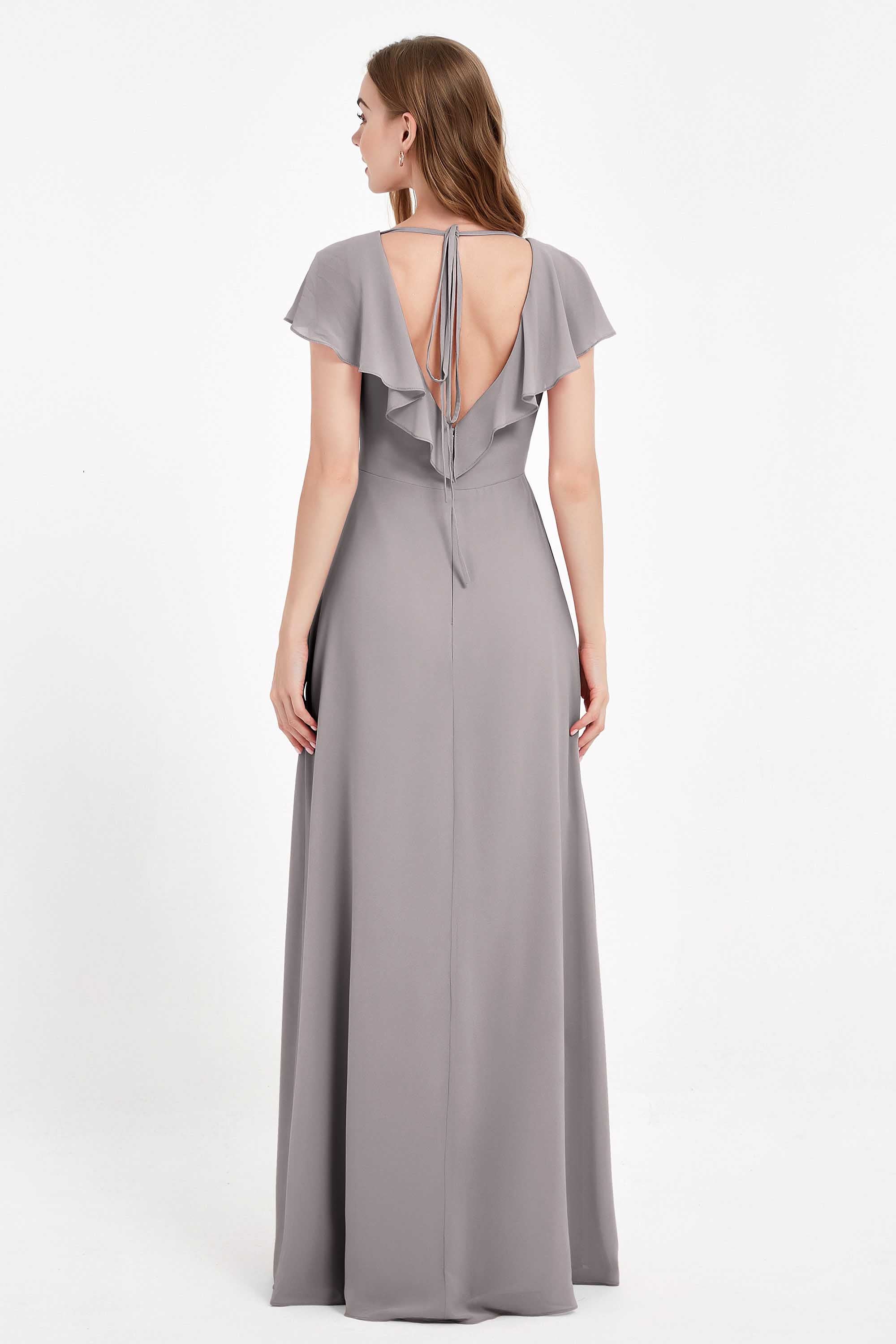 Deep V Neck Chiffon Bridesmaid Dress Flutter Sleeves Formal Evening Dresses Gowns with Slit