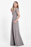 Deep V Neck Chiffon Bridesmaid Dress Flutter Sleeves Formal Evening Dresses Gowns with Slit