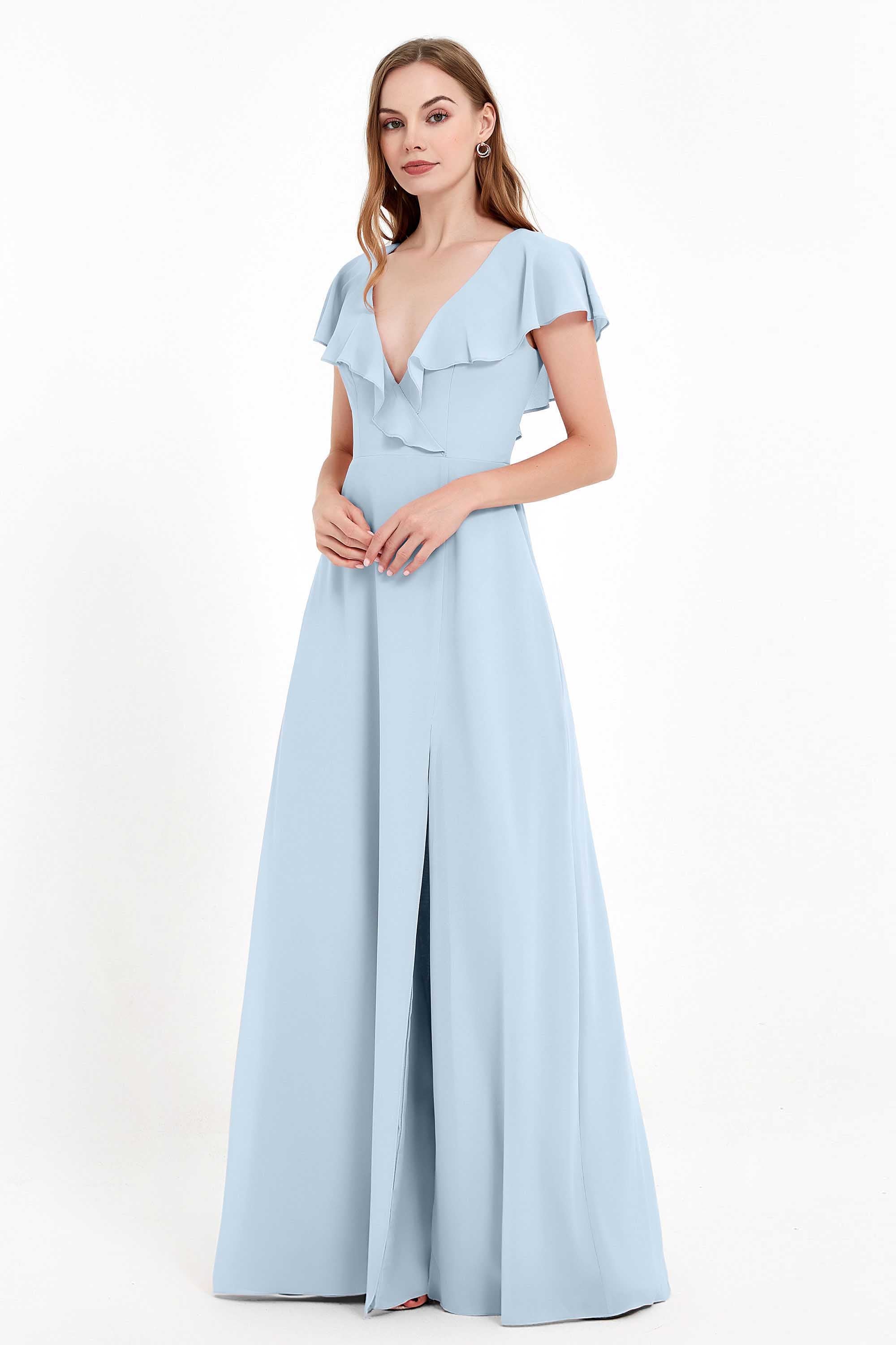 Deep V Neck Chiffon Bridesmaid Dress Flutter Sleeves Formal Evening Dresses Gowns with Slit