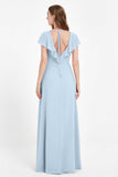 Deep V Neck Chiffon Bridesmaid Dress Flutter Sleeves Formal Evening Dresses Gowns with Slit