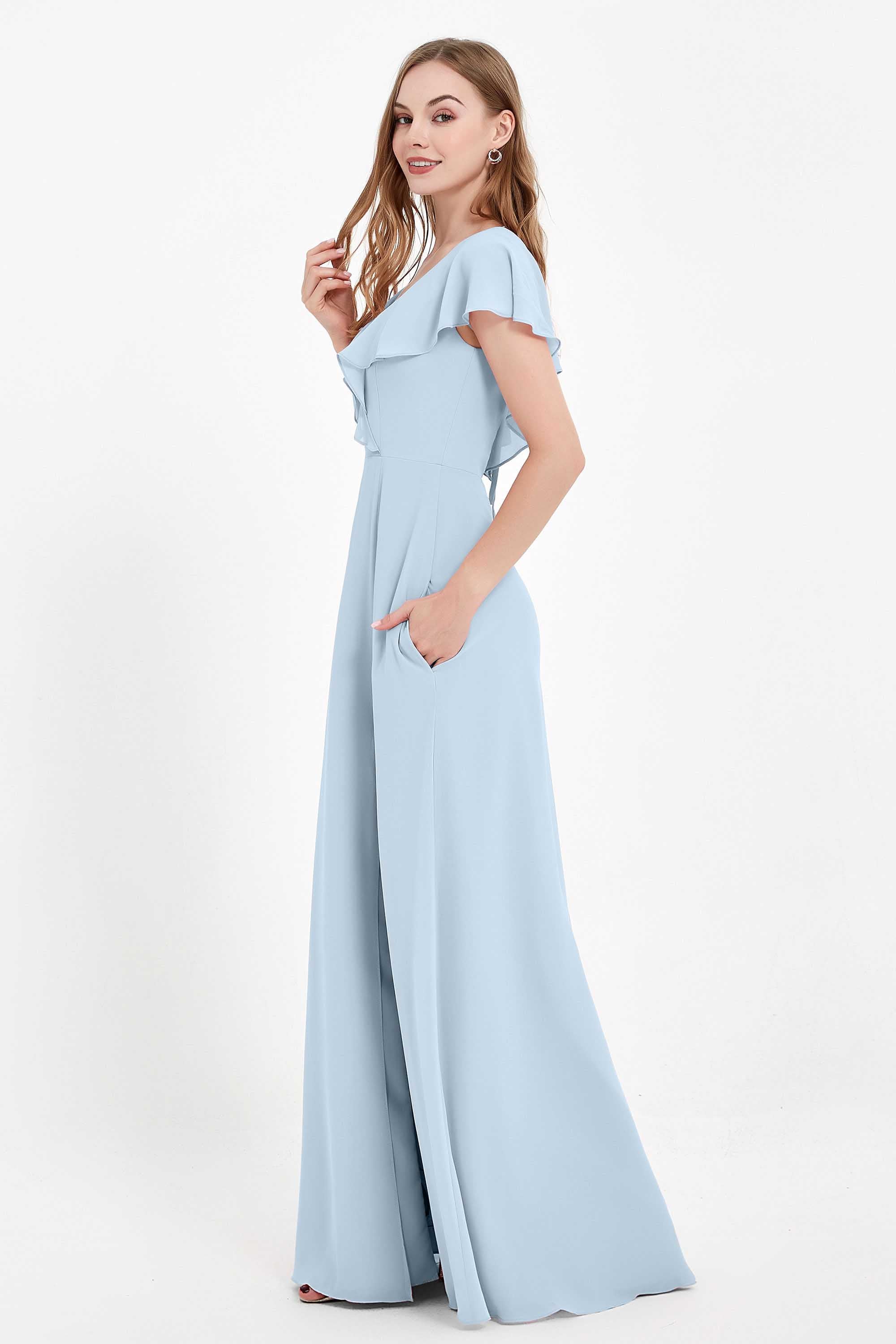 Deep V Neck Chiffon Bridesmaid Dress Flutter Sleeves Formal Evening Dresses Gowns with Slit