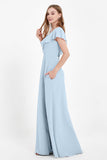 Deep V Neck Chiffon Bridesmaid Dress Flutter Sleeves Formal Evening Dresses Gowns with Slit