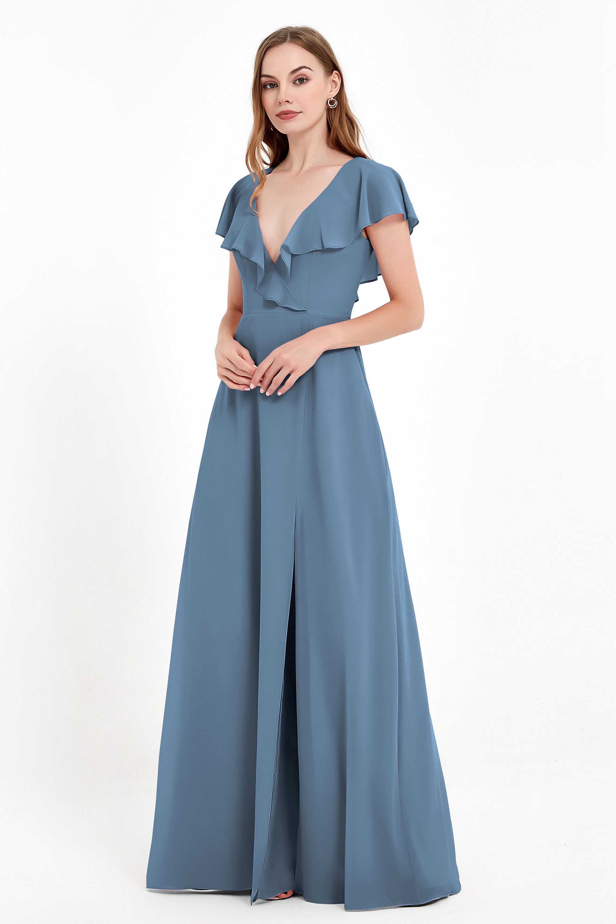 Deep V Neck Chiffon Bridesmaid Dress Flutter Sleeves Formal Evening Dresses Gowns with Slit