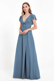 Deep V Neck Chiffon Bridesmaid Dress Flutter Sleeves Formal Evening Dresses Gowns with Slit