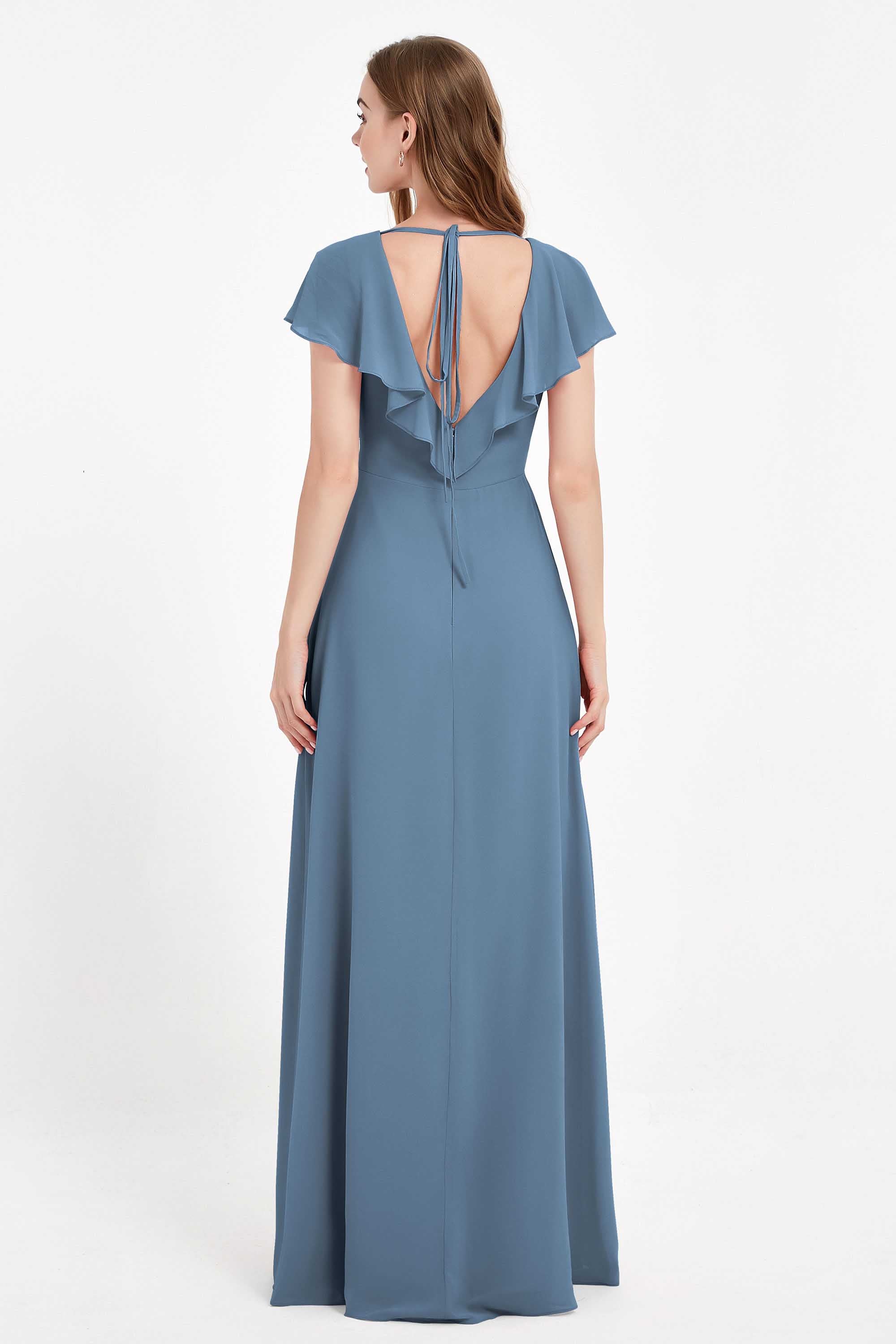 Deep V Neck Chiffon Bridesmaid Dress Flutter Sleeves Formal Evening Dresses Gowns with Slit
