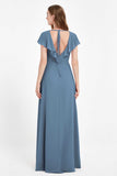 Deep V Neck Chiffon Bridesmaid Dress Flutter Sleeves Formal Evening Dresses Gowns with Slit