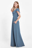 Deep V Neck Chiffon Bridesmaid Dress Flutter Sleeves Formal Evening Dresses Gowns with Slit