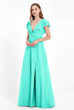 Deep V Neck Chiffon Bridesmaid Dress Flutter Sleeves Formal Evening Dresses Gowns with Slit