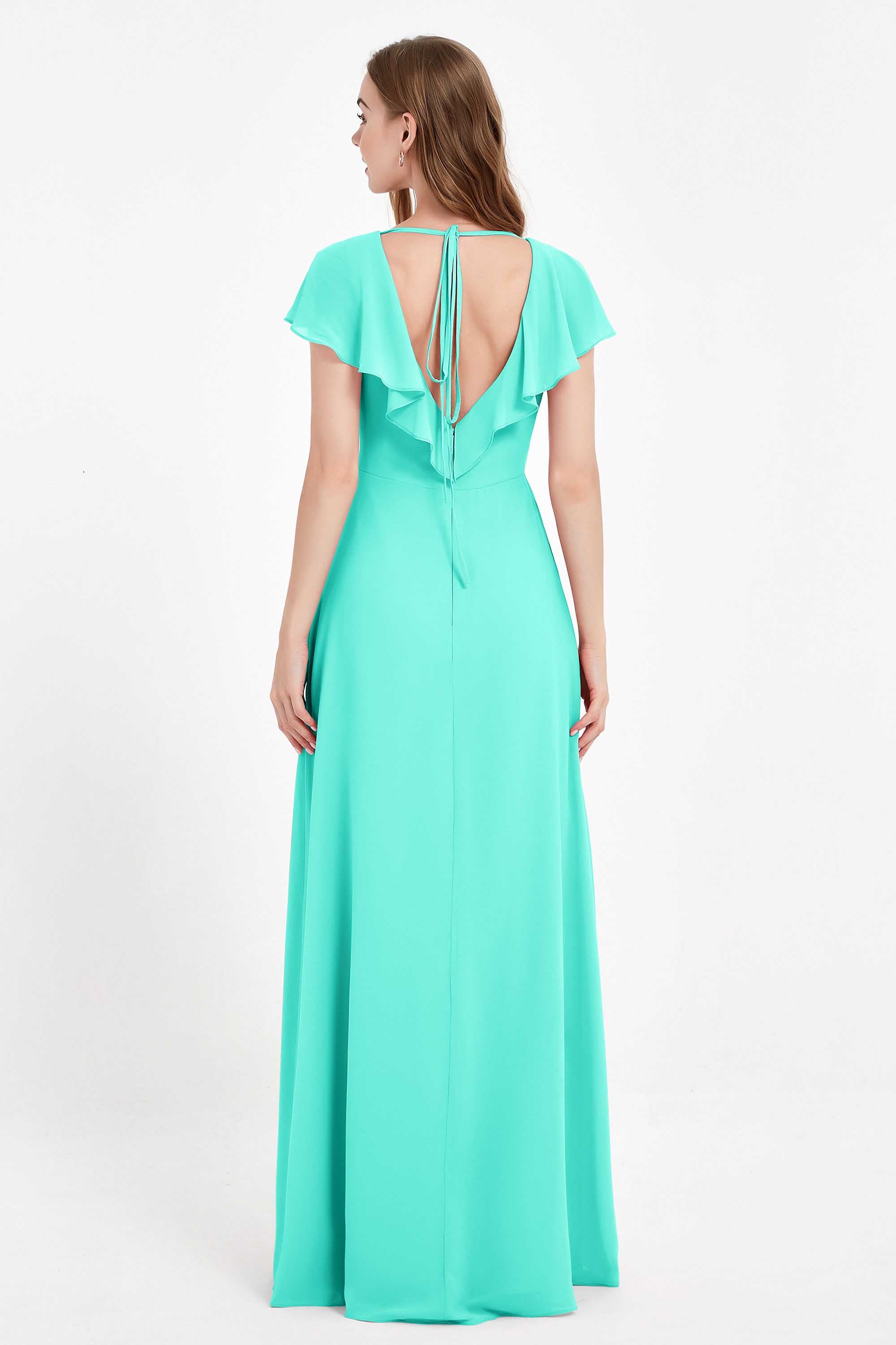 Deep V Neck Chiffon Bridesmaid Dress Flutter Sleeves Formal Evening Dresses Gowns with Slit