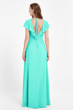 Deep V Neck Chiffon Bridesmaid Dress Flutter Sleeves Formal Evening Dresses Gowns with Slit