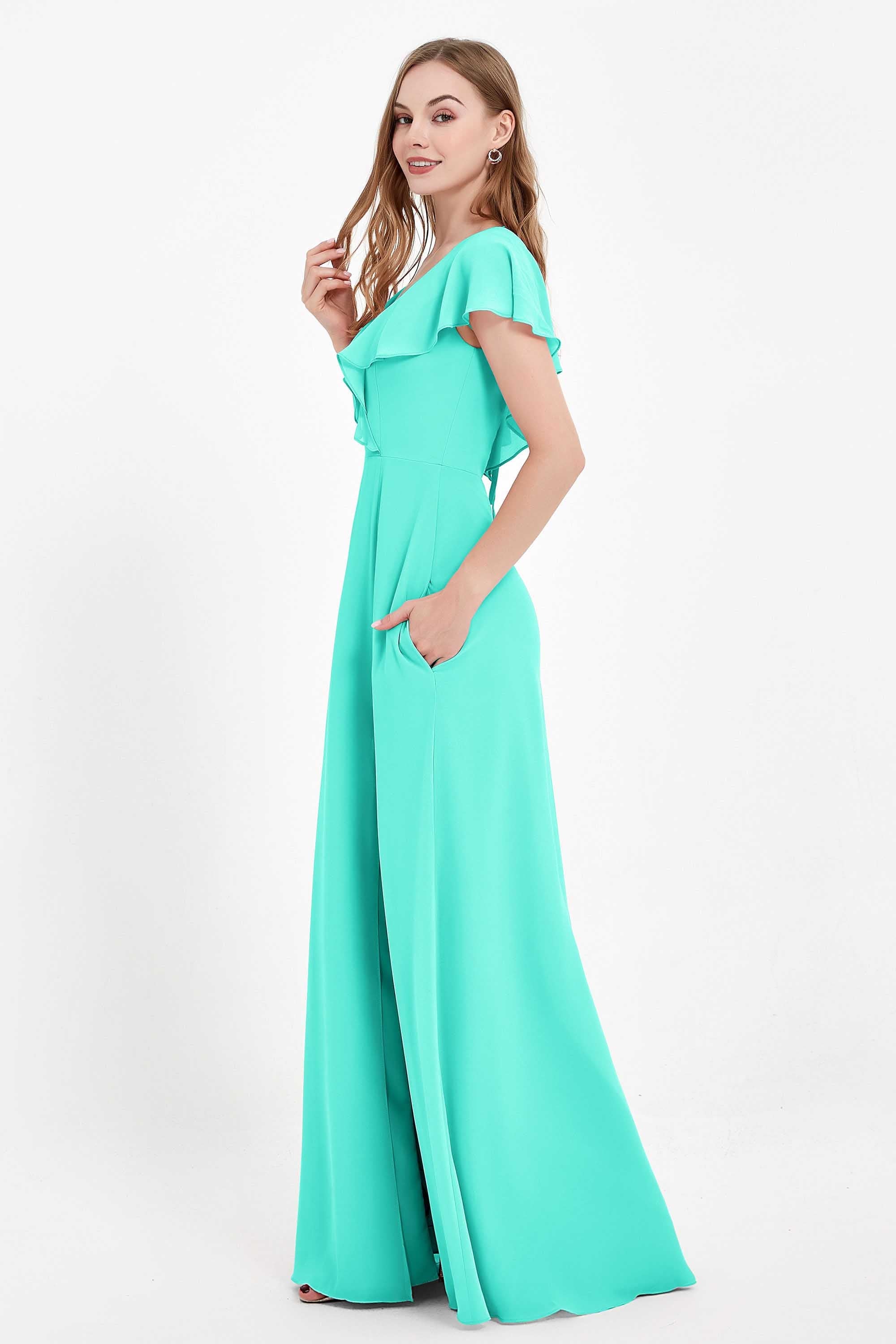 Deep V Neck Chiffon Bridesmaid Dress Flutter Sleeves Formal Evening Dresses Gowns with Slit