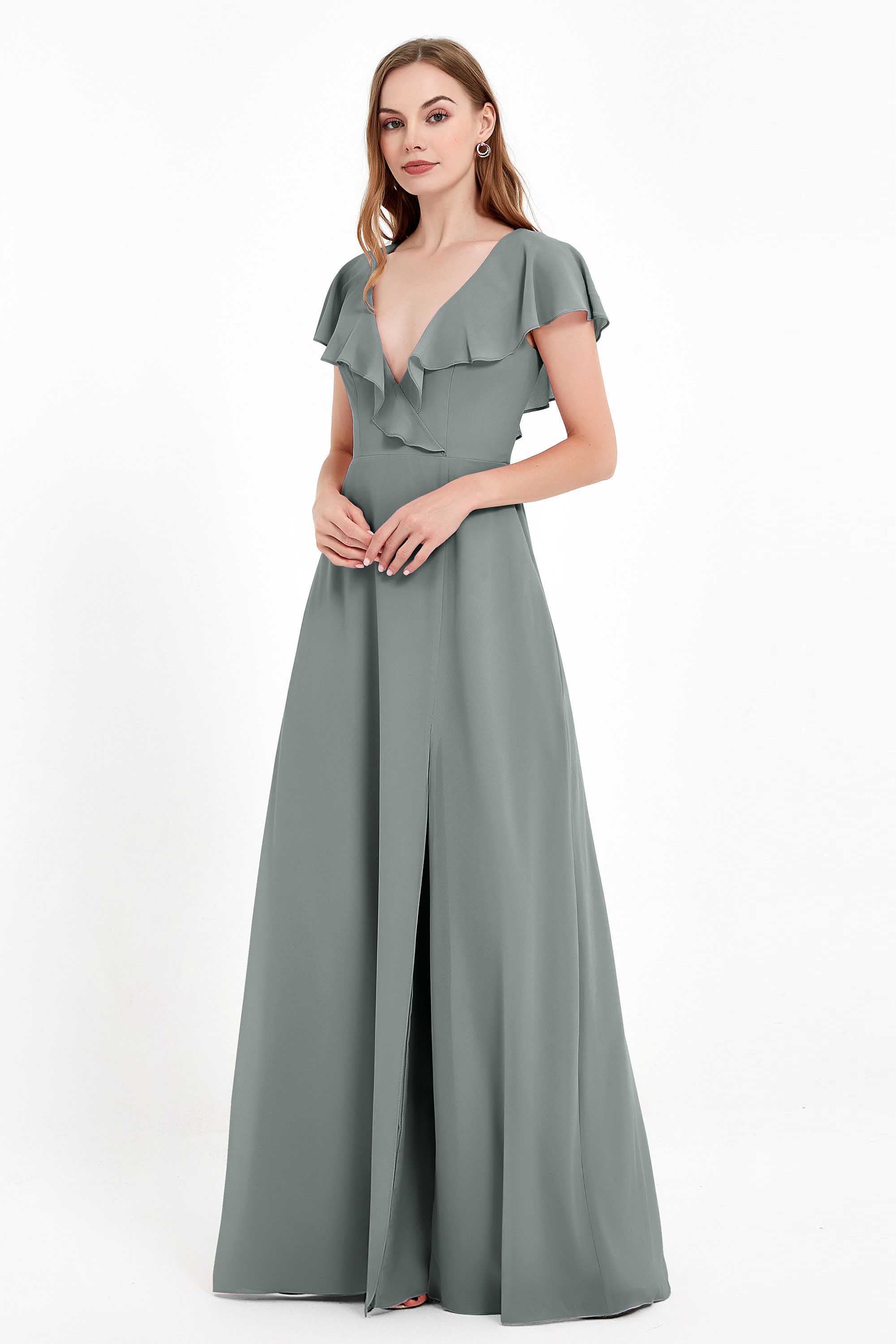 Deep V Neck Chiffon Bridesmaid Dress Flutter Sleeves Formal Evening Dresses Gowns with Slit