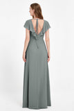 Deep V Neck Chiffon Bridesmaid Dress Flutter Sleeves Formal Evening Dresses Gowns with Slit