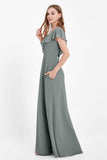 Deep V Neck Chiffon Bridesmaid Dress Flutter Sleeves Formal Evening Dresses Gowns with Slit