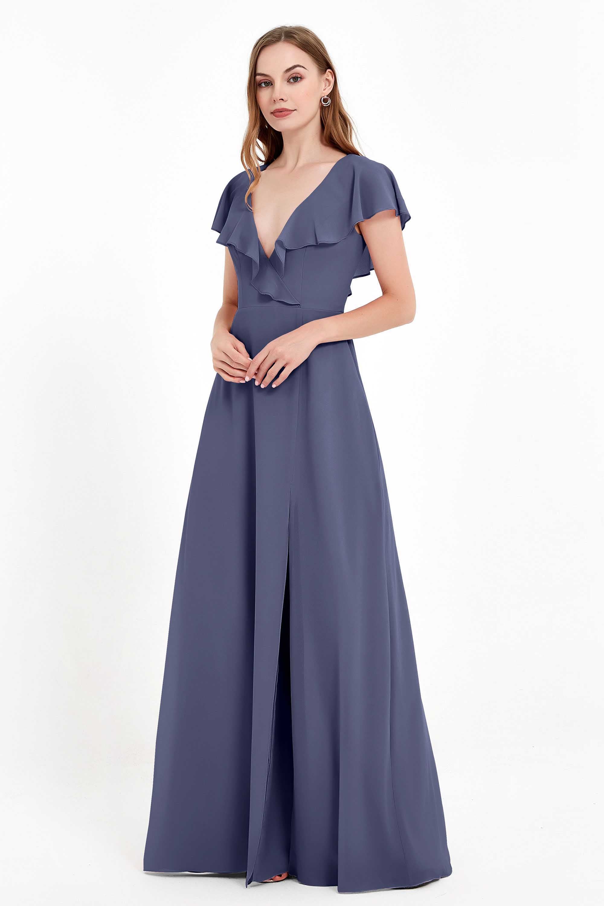 Deep V Neck Chiffon Bridesmaid Dress Flutter Sleeves Formal Evening Dresses Gowns with Slit