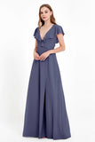 Deep V Neck Chiffon Bridesmaid Dress Flutter Sleeves Formal Evening Dresses Gowns with Slit