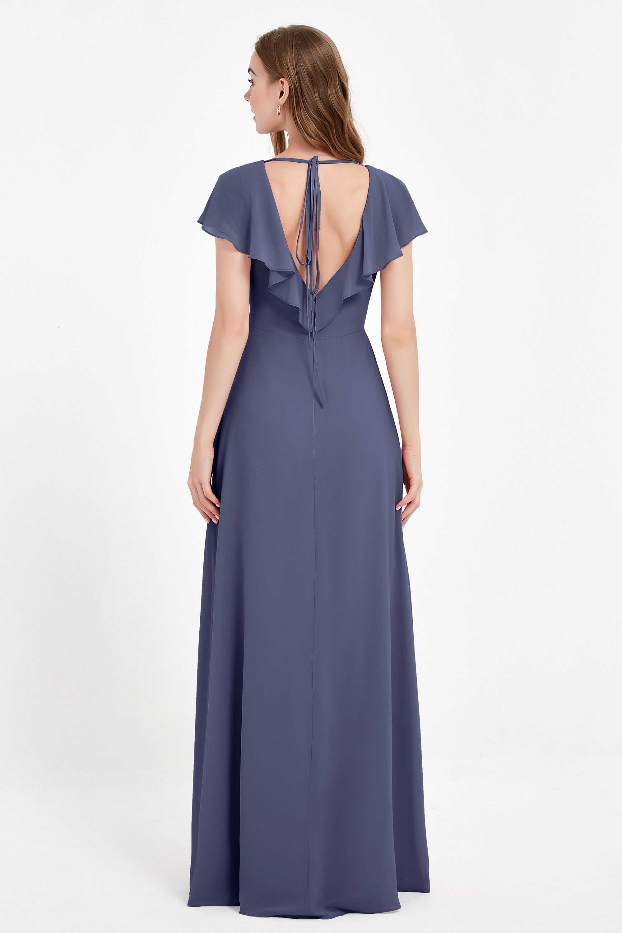 Deep V Neck Chiffon Bridesmaid Dress Flutter Sleeves Formal Evening Dresses Gowns with Slit