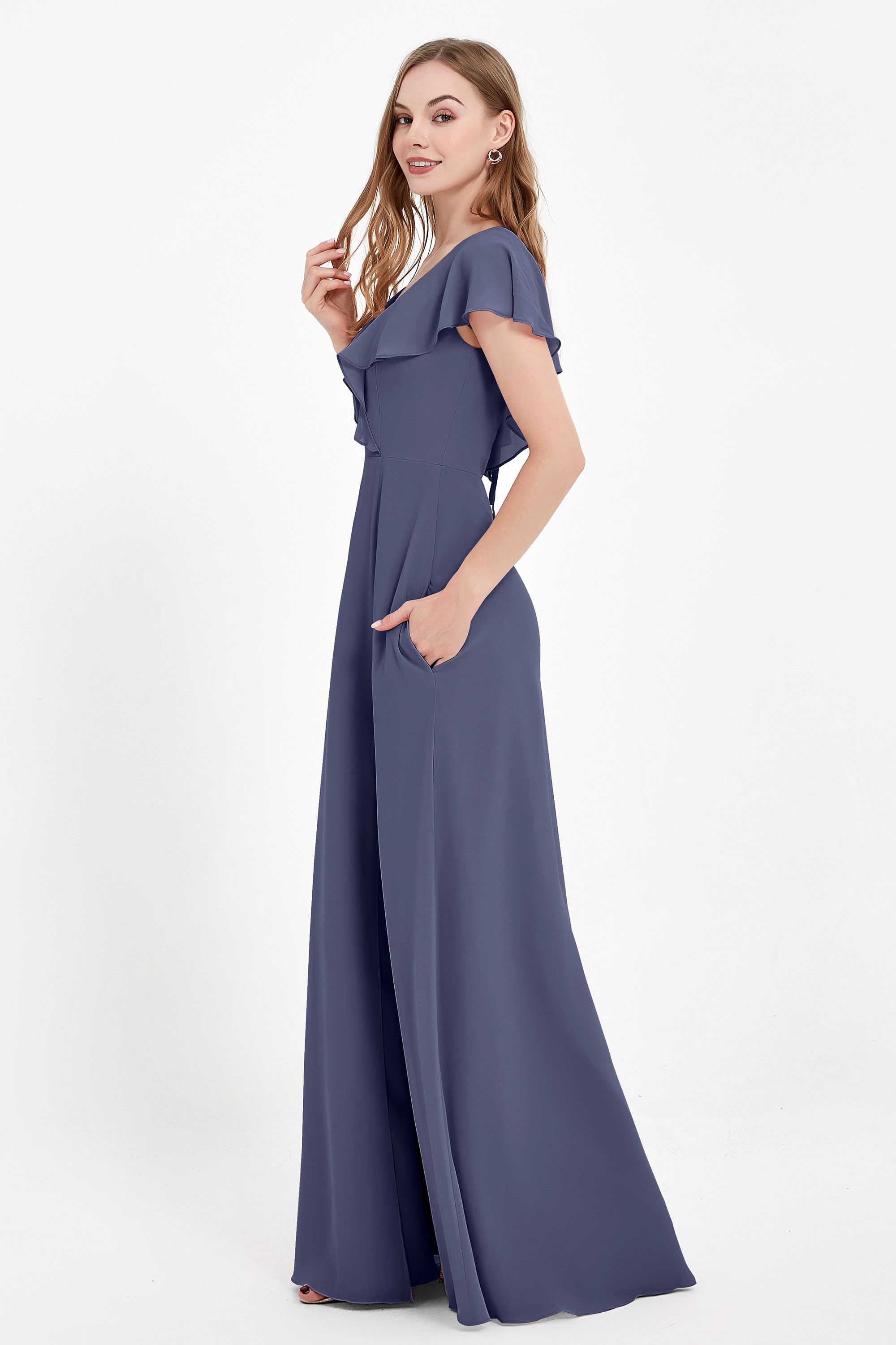 Deep V Neck Chiffon Bridesmaid Dress Flutter Sleeves Formal Evening Dresses Gowns with Slit