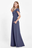 Deep V Neck Chiffon Bridesmaid Dress Flutter Sleeves Formal Evening Dresses Gowns with Slit