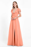 Deep V Neck Chiffon Bridesmaid Dress Flutter Sleeves Formal Evening Dresses Gowns with Slit
