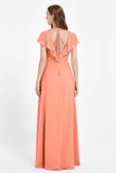 Deep V Neck Chiffon Bridesmaid Dress Flutter Sleeves Formal Evening Dresses Gowns with Slit