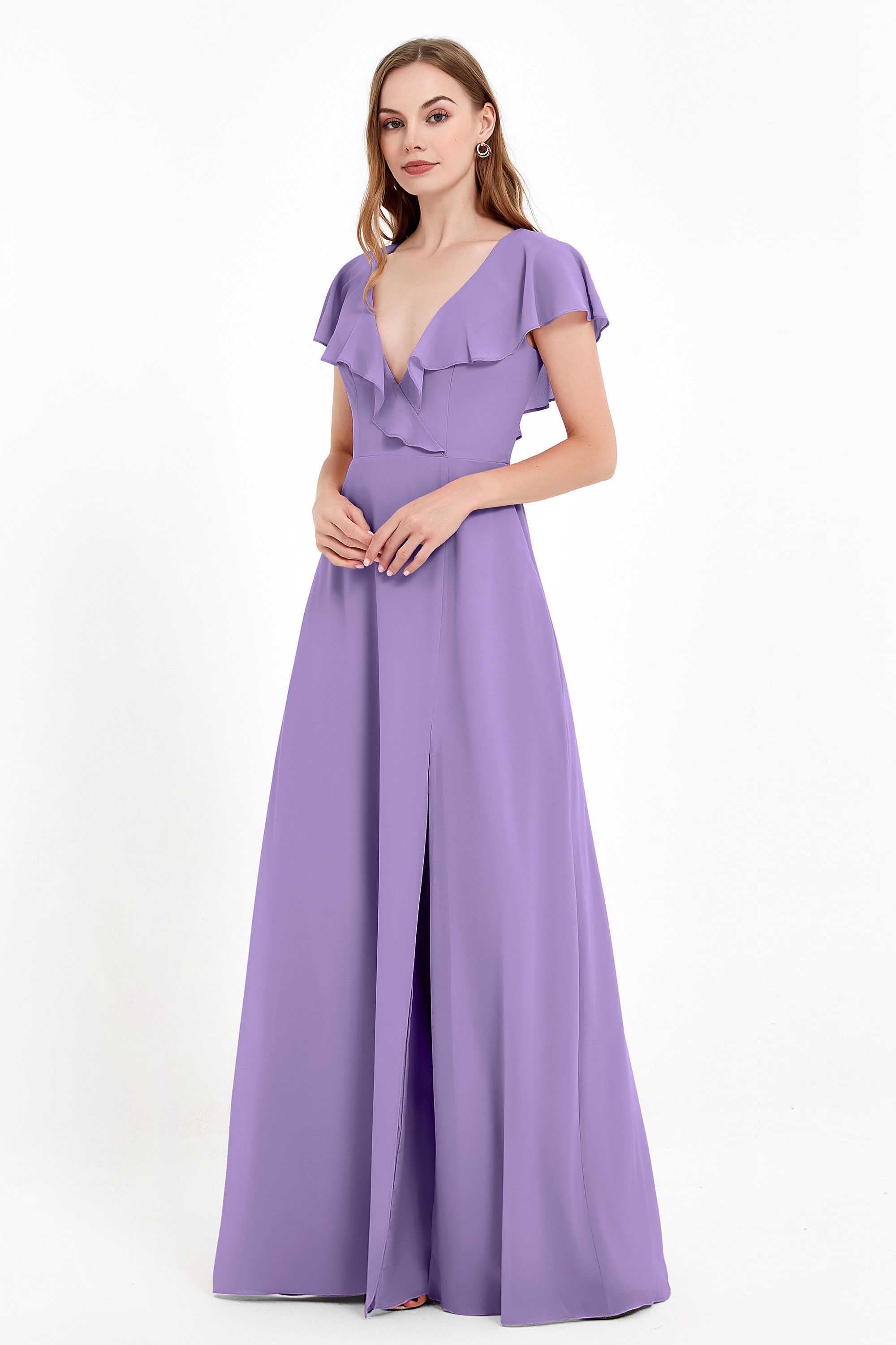 Deep V Neck Chiffon Bridesmaid Dress Flutter Sleeves Formal Evening Dresses Gowns with Slit