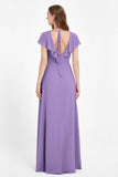 Deep V Neck Chiffon Bridesmaid Dress Flutter Sleeves Formal Evening Dresses Gowns with Slit